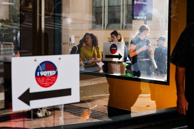 Voters stand in line for over 20 minutes during the 2026 California Primary Election at the Baltimore Hotel on Tuesday, in Los Angeles, California. Carlin Stiehl/Los Angeles Times/Getty Images