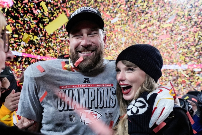 Travis Kelce and Taylor Swift, seen here in 2025 after the AFC Championship, have lived out much of their romance in the public eye.  Ashley Landis/AP/File