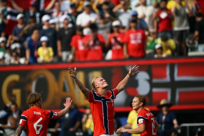 Norway's forward Erling Haaland celebrates scoring his team's second goal.  Mauro Pimentel/AFP/Getty Images