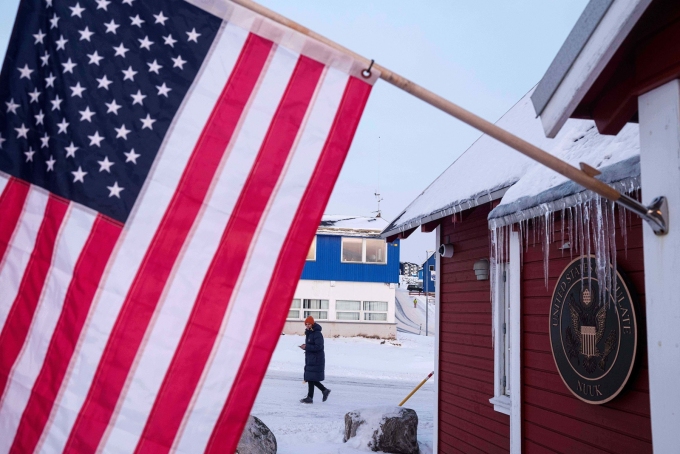 An American flag is displayed on the facade of the US consulate in Nuuk, Greenland, on January 14. Evgeniy Maloletka/AP
