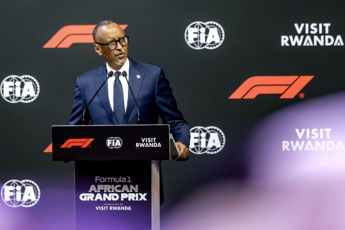 Rwanda's President Paul Kagame delivers remarks during the announcement of the Formula 1 African Grand Prix at BK Arena in Kigali on October 13, 2026. Jean Baptiste Nkurunziza/AFP/Getty Images