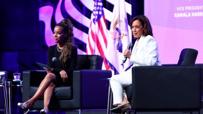 Former Vice President Kamala Harris and Sunny Hostin speak onstage at the 2023 ESSENCE Festival of Culture at Ernest N. Morial Convention Center in New Orleans, La., on June 30, 2023. (Getty Images FOR ESSENCE)