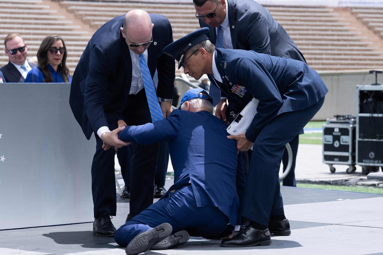 President Joe Biden tripped and fell down while handing out diplomas at the Air Force Academy graduation. The White House says he is fine." Credit:Patrick Colson-Price, Storyful