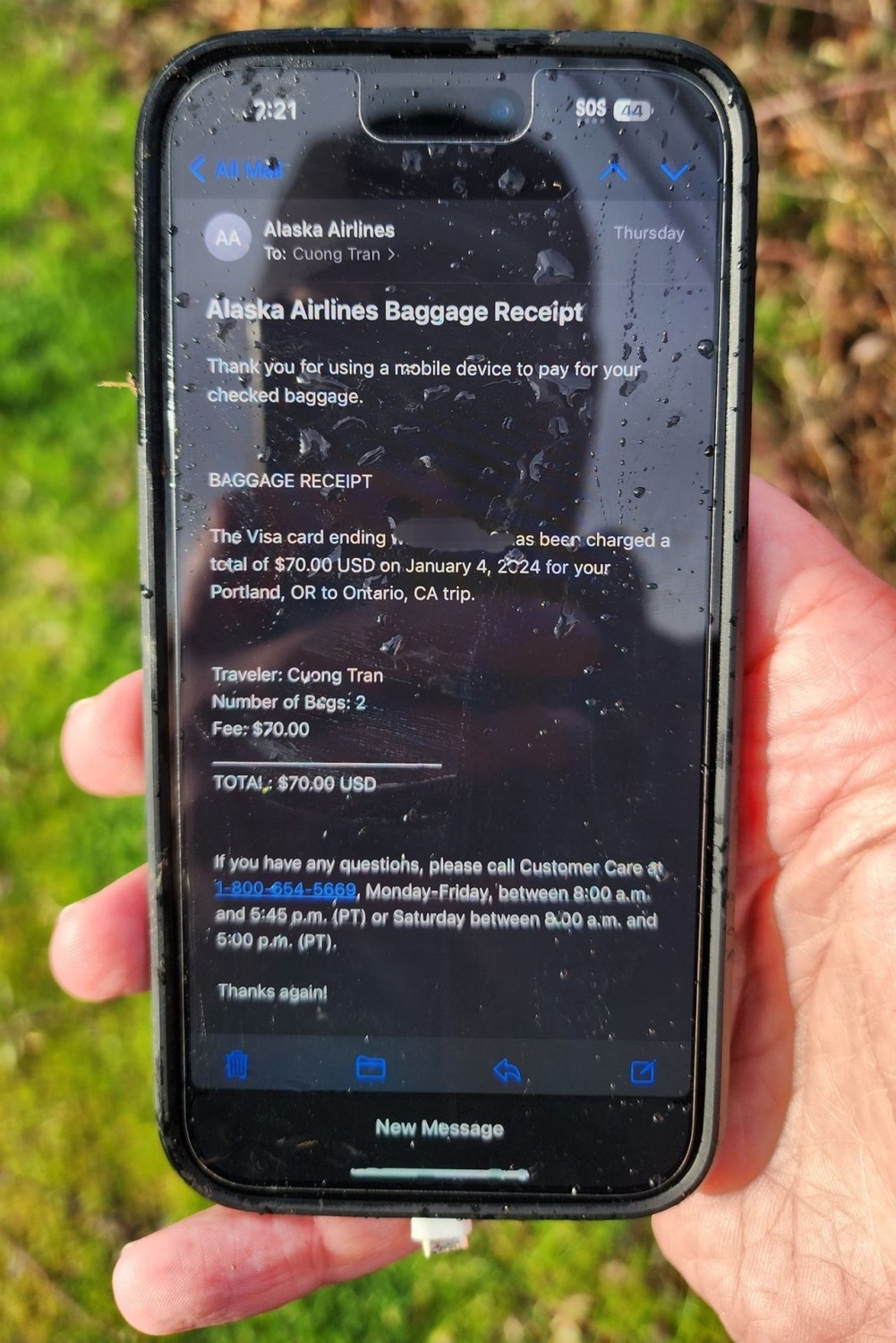 This iPhone 14 Pro Max flew out the door plug of an Alaska Airlines flight and landed on the side of a road in Portland, Ore. The person who found the phone obscured the owner’s personal information on the screen to protect his privacy.