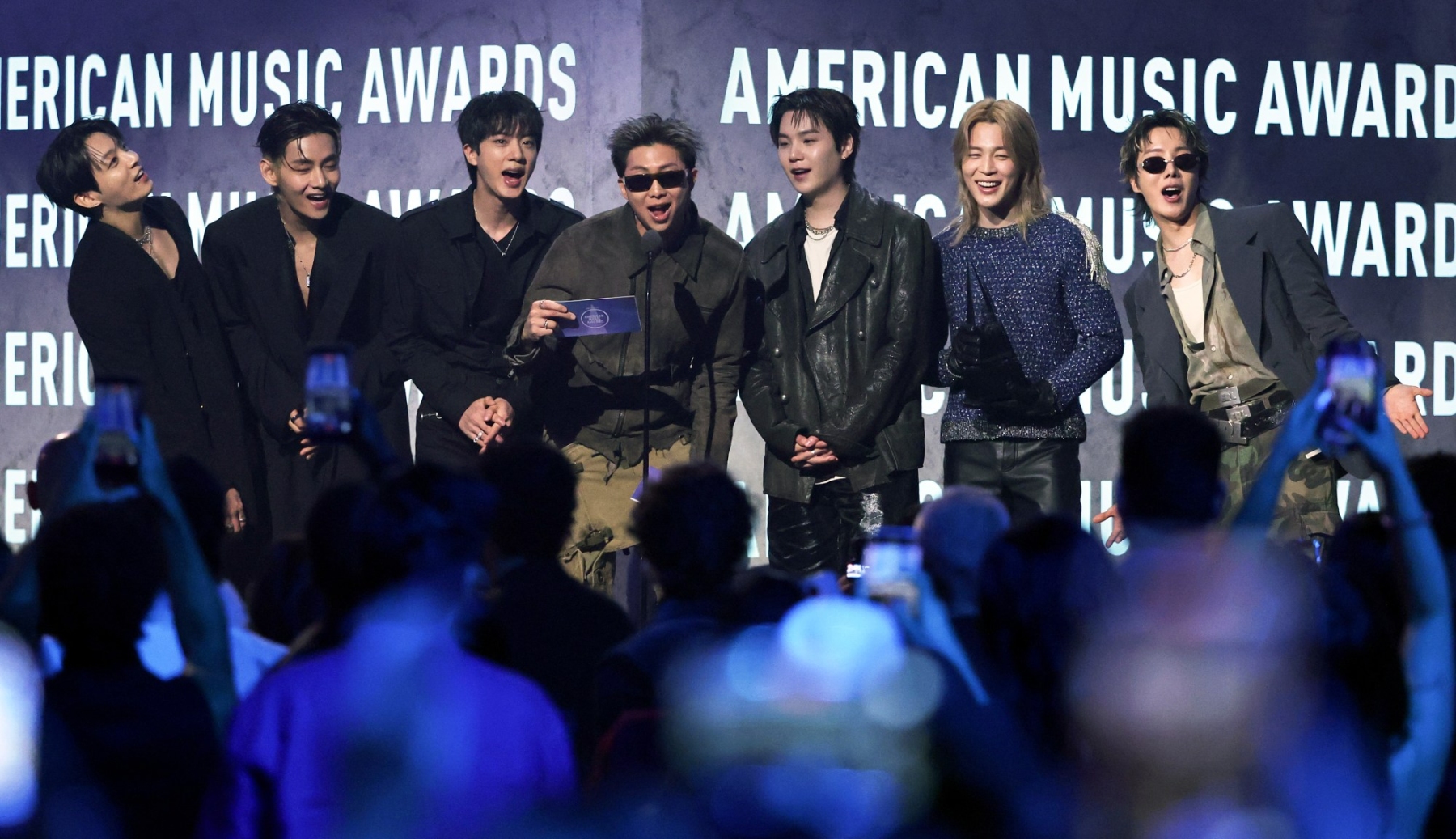 Jungkook, V, Jin, RM, Suga, Jimin and J-Hope of BTS speak onstage performs onstage during the 52nd American Music Awards at MGM Grand Garden Arena on May 25, 2026 in Las Vegas, Nevada. Ethan Miller/Getty Images