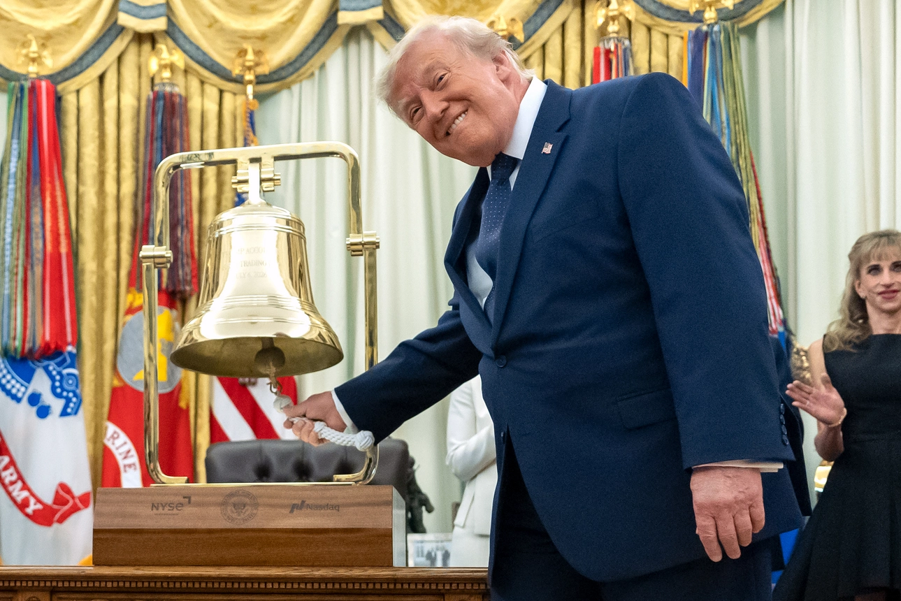President Donald Trump rings the opening bell for the New York Stock Exchange and the Nasdaq in the Oval Office at the White House on July 6, 2026, in Washington. | Mark Schiefelbein/AP
