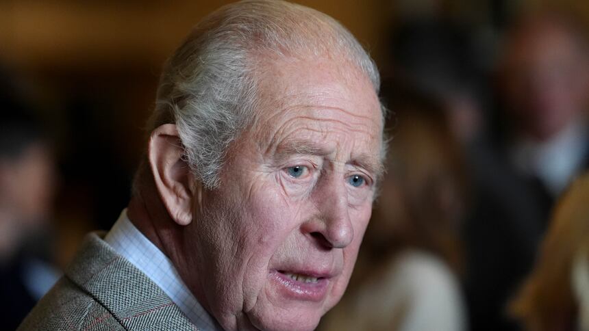King Charles gestures at The King's Foundation's Harmony in Food and Farming Summit, at the foundation's headquarters in Cumnock, Scotland, on Wednesday. (Jonathan Brady/Pool PA/The Associated Press)