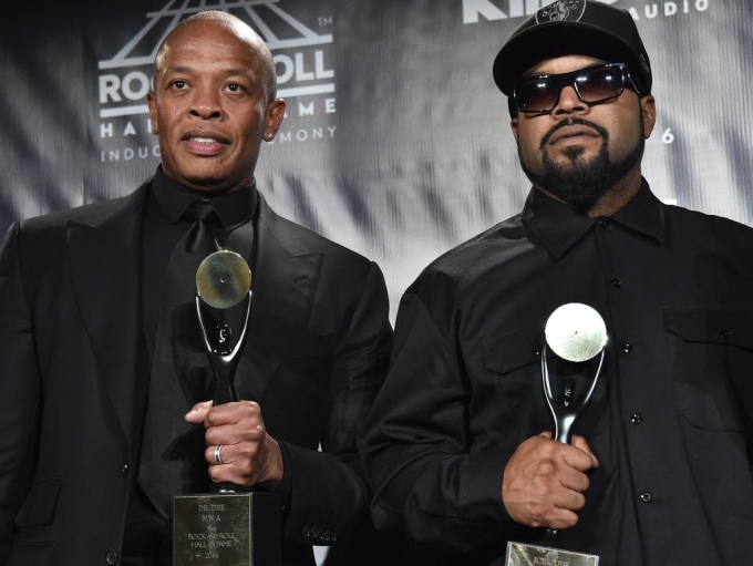 Dr Dre (left) and Ice Cube of N.W. A attend the 31st Annual Rock And Roll Hall Of Fame Induction Ceremony at Barclays Centre in New York City. Picture: Mike Coppola/Getty Images/AFP