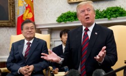 Donald Trump speaks at the White House with the South Korean president, Moon Jae-in, on Tuesday. Moon told Trump the ‘fate and the future’ of the Korean peninsula hinged on the talks. Photograph: Saul Loeb/AFP/Getty Images