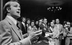 Progressive Conservative leadership candidate Brian Mulroney speaks to delegates at an informal gathering in a hotel suite in Ottawa, ON Feb. 18, 1976. (The Canadian Press)