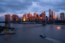 A view of the skyline of Lower Manhattan is seen during sunrise on March 11, 2024. (Angela Weiss/AFP/Getty Images)