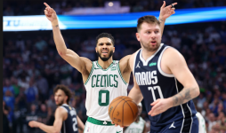 Jayson Tatum and Luka Dončić react after a call during Game 3 of the NBA finals. Photograph: Kevin Jairaj/USA Today Sports