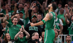 Jayson Tatum celebrates as his Boston Celtics make their way to victory over the Dallas Mavericks in the NBA finals. Photograph: Peter Casey/USA Today Sports