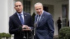 House Minority Leader Hakeem Jeffries and Senate Majority Leader Chuck Schumer at the White House on Feb. 27, 2024. Photo: Tom Williams/CQ-Roll Call, Inc via Getty Images.