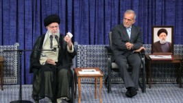 Iran’s supreme leader condemned Israel and the U.S. during President Masoud Pezeshkian’s endorsement ceremony.