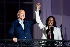 President Joe Biden, left, and Vice President Kamala Harris on the Truman Balcony of the White House in Washington, DC, on July 4, 2024. Tierney L. Cross/Bloomberg via Getty Images