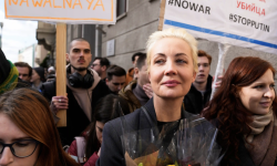 Yulia Navalnaya at a polling station near the Russian embassy in Berlin in March. Photograph: Ebrahim Noroozi/AP