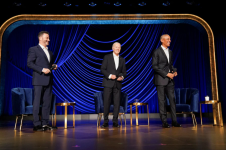 From left, late-night talk-show host Jimmy Kimmel, President Biden and former president Barack Obama at the Peacock Theater in Los Angeles on June 15. (Kevin Lamarque/Reuters)