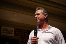 California Gov. Gavin Newsom (D) speaks during a campaign event for President Biden in Doylestown, Pa., on July 6. (Joe Lamberti for The Washington Post)