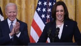 U.S. President Joe Biden, seen here with Vice-President Kamala Harris at a 2021 White House event, has endorsed Harris to top the Democratic ticket in November. (Jim Watson/AFP/Getty Images)