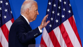 [File photo] US President Joe Biden gestures as he departs a press conference during NATO's 75th anniversary summit in Washington DC, USA, on July 11, 2024. © Yves Herman, Reuters