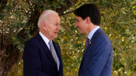 Prime Minister Justin Trudeau talks with U.S. President Joe Biden at the G7 Summit in Savelletri Di Fasano, Italy on Thursday, June 13, 2024. (Sean Kilpatrick/The Canadian Press)