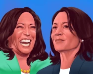 In recent appearances, Kamala Harris often looks overcome by happiness, ready to laugh alongside any voter who’s willing to take the ride. Illustration by Richard Chance; Source photographs by Ethan Miller / Getty; Anna Moneymaker / Getty