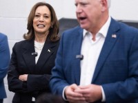 Democratic presidential candidate Kamala Harris with her running mate. Picture: Saul Loeb/AFP