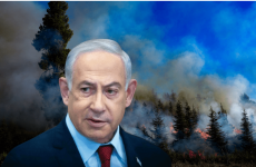 Prime Minister Benjamin Netanyahu in front of a fire cause by Hezbollah rockets. (photo credit: DAVID COHEN/FLASH 90, YONATAN SINDEL/FLASH90/CANVA)