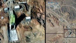 A rocket launch site being built in Iran and a close-up of the site in 2010. Picture: AFP/IHS Jane's/Handout