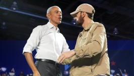 Eminem introduced former President Barack Obama on stage in Detroit. Picture: Getty.