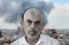 Hamas leader Yahya Sinwar seen over a photo of a blast in the Gaza Strip (illustrative) (photo credit: FLASH90/CANVA)