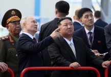 Russia's President Vladimir Putin and North Korea's leader Kim Jong Un visit the Vostochny Сosmodrome in Russia's far eastern Amur region, Russia, on Sept. 13, 2023."  SPUTNIK, Via REUTERS