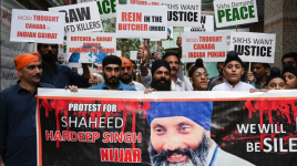 A protest by Sikhs in Peshawar, Pakistan, in September 2023, following the killing in Canada of Hardeep Singh Nijjar © Abdul Majeed/AFP/Getty Images