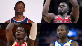 Mohamed Bamba des Clippers de Los Angeles, Adama Sanogo des Chicago Bulls, Mouhamed Gueye des Hawks d'Atlanta et Jonathan Kuminga des Warriors de Golden State. © Studio graphique France Médias Monde