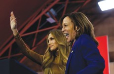 KAMALA HARRIS and Jennifer Lopez on stage during Harris’ campaign rally, in Las Vegas, last week. (photo credit: EVELYN HOCKSTEIN/REUTERS)