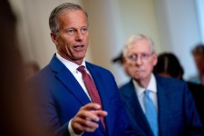 Sen. John Thune, accompanied by Sen. Mitch McConnell, speaks during a news conference on May 15 in Washington, DC. Andrew Harnik/Getty Images