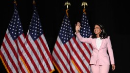 Tulsi Gabbard greets the crowd before speaking during a campaign rally in Las Vegas, Nevada. Justin Sullivan/Getty Images