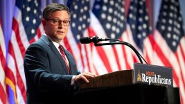 House Speaker Mike Johnson speaks during a House Republicans Conference meeting at the Hyatt Regency on Capitol Hill on November 13, in Washington, DC. Allison Robbert/Pool/Getty Images