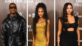 (L-R): Usher, Meagan Good and Aurora James at the 2024 EBONY Power 100 Gala held at Nya Studios West on November 17, 2024 in Los Angeles, California. Alberto Rodriguez