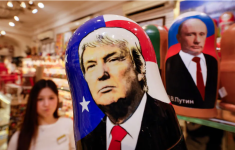 Traditional Russian Matryoshka nesting dolls depicting Donald Trump and Russian President Vladimir Putin are displayed at a gift shop in Moscow on Wednesday. (Yuri Kochetkov/EPA-EFE/Shutterstock)