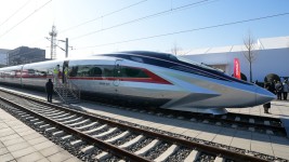 The CR450AF bullet train prototype shown on a track in Beijing. Xinhua/Shutterstock