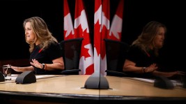 Chrystia Freeland speaks during a press conference in Ottawa, Ontario, Canada on November 6, 2024. Blair Gable/Reuters