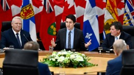 Prime Minister Justin Trudeau makes his opening remarks as Ontario Premier Doug Ford, left, and Minister of Finance, Public Safety and Intergovernmental Affairs Dominic LeBlanc, right, look on at a first ministers meeting in Ottawa on Wednesday, Jan. 15,