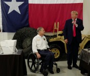 Republican presidential candidate and President-elect Donald Trump and Texas Governor Greg Abbott speak during a Thanksgiving luncheon in Edinburg, Texas, on Nov. 19, 2023