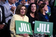 Nancy Pelosi and her daughter Christine Pelosi listen to first lady Jill Biden speak on the first night of the Democratic National Convention at the United Center in Chicago, Ill., on Aug. 19, 2024. CQ-Roll Call, Inc via Getty Images