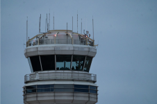 The Reagan National Airport control tower Thursday following a crash involving a plane inbound from Wichita and a helicopter over the Potomac River. (Allison Robbert for The Washington Post)