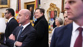 Elon Musk attends a meeting with President Donald Trump in the Oval Office at the White House on February 13, in Washington, DC.  Andrew Harnik/Getty Images