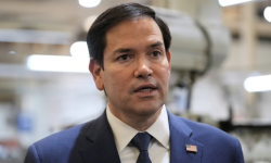 The US secretary of state, Marco Rubio, speaks to the media on Monday. Photograph: Mark Schiefelbein/Reuters