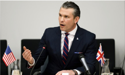 Pete Hegseth speaks at a meeting of the Ukraine defence contact group at Nato’s HQ in Brussels. Photograph: Omar Havana/AP